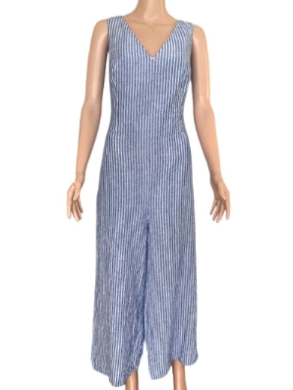 Saks Fifth Avenue 100% Linen Striped Sleeveless Jumpsuit Size XL Zip & Tie Back